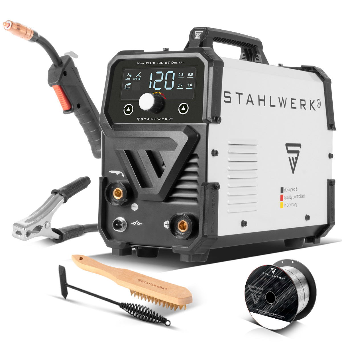 STAHLWERK Schweißgerät Mini FLUX 120 ST Digital | 120 Ampere | Synergischer Drahtvorschub | Lift-TIG geeignet | Fülldrahtschweißen | ARC/MMA Funktion zum einfachen Schweißen ohne Schutzgas mit Fülldraht