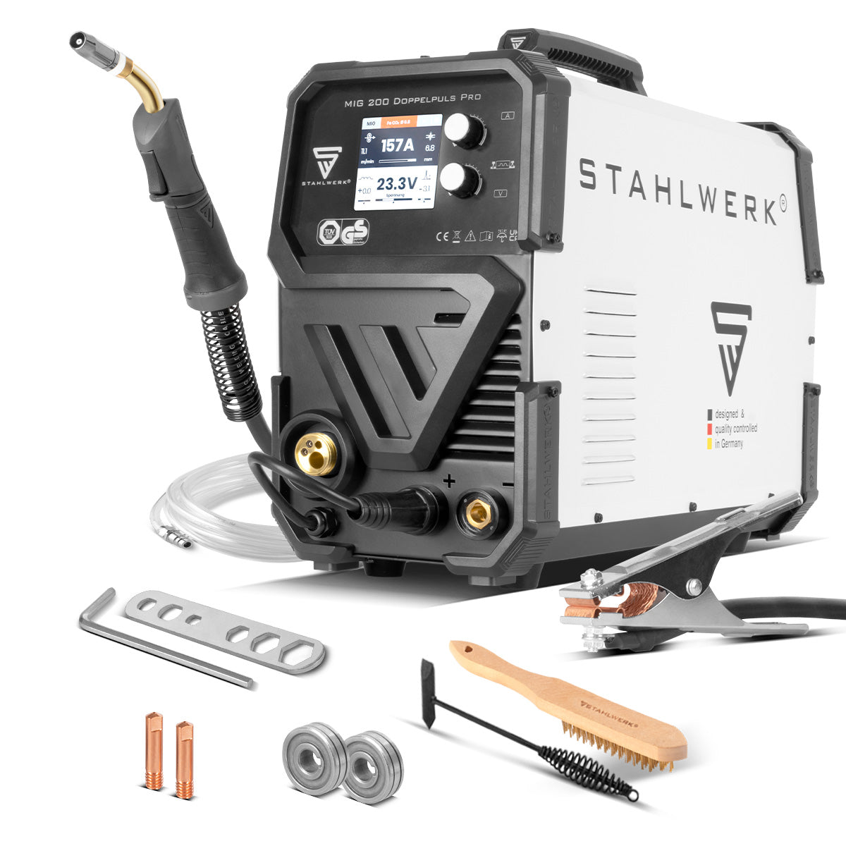STAHLWERK MIG MAG 200 double pulse Pro fully synergic welding machine with 200 amps and AK25/MB25 welding torch, steel, stainless steel, aluminum, cored wire