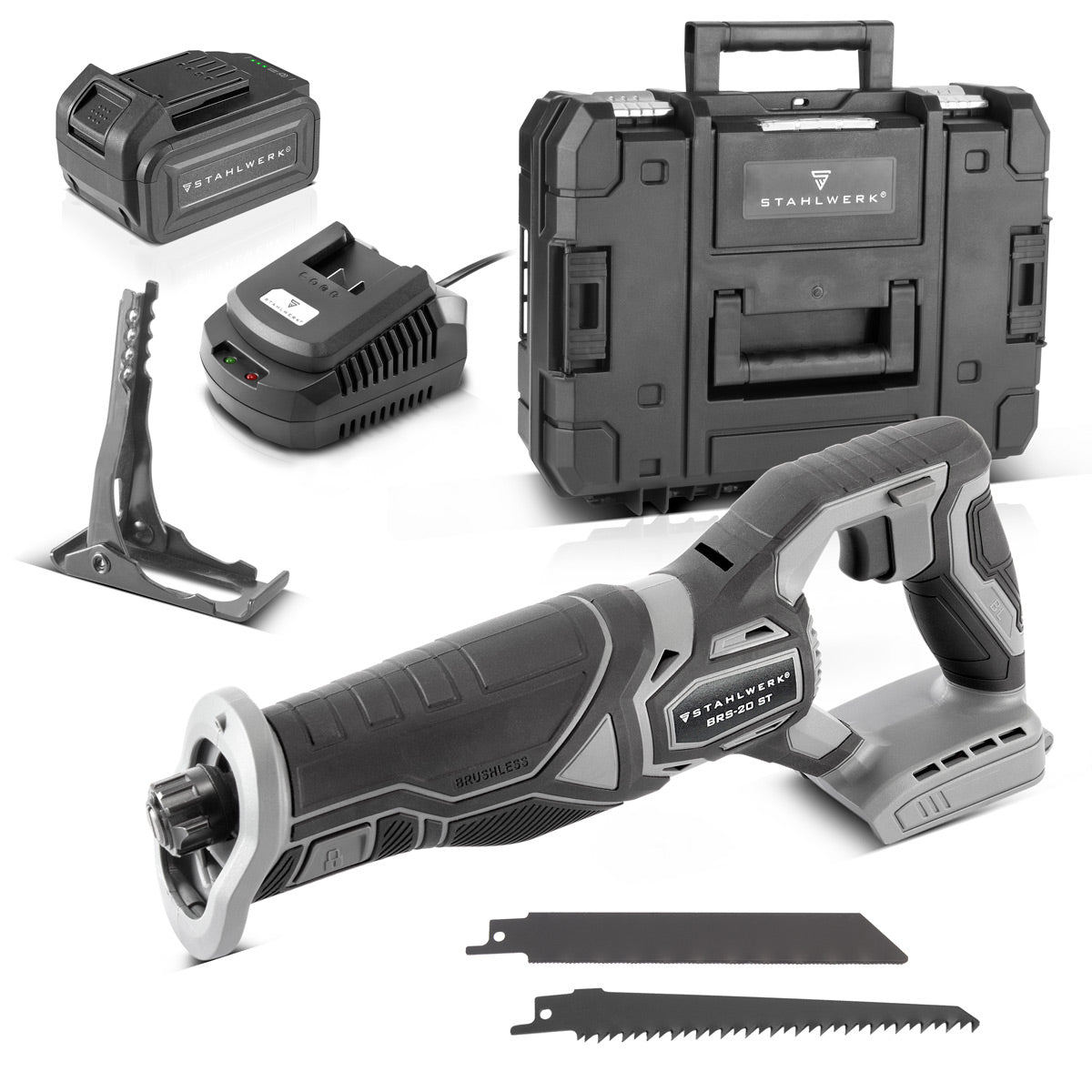 Scie alternative sans fil STAHLWERK BRS-20 ST scie alternative / scie sauteuse / scie universelle avec 20 volts, batterie Li-ion 4 Ah, mandrin sans clé, régime de ralenti 0-2600 tr/min, longueur de course 28 mm