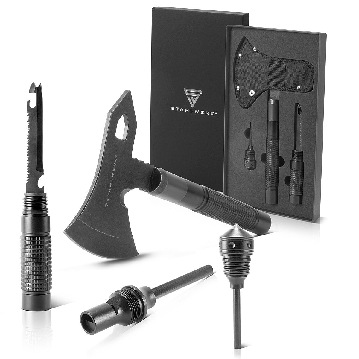 Multiutensile STAHLWERK / strumento multifunzione / kit di sopravvivenza all'aperto con ascia, coltello multifunzione, sega, martello di emergenza e fischietto con acciaio antincendio
