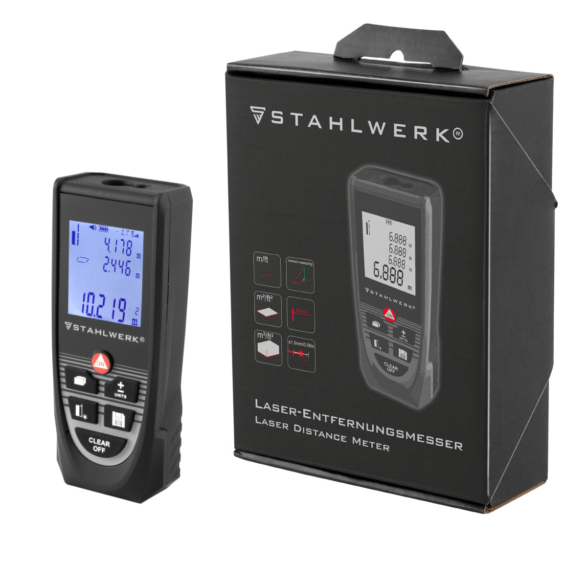 Telémetro láser STAHLWERK LE-60 ST Medidor de distancias de hasta 60 m con pantalla digital LCD iluminada, medidor de distancias y telémetros para medir distancias y volúmenes con precisión en obras o en interiores