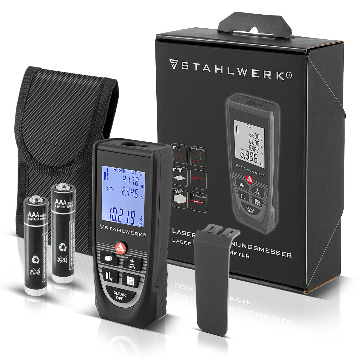 Telémetro láser STAHLWERK LE-60 ST Medidor de distancias de hasta 60 m con pantalla digital LCD iluminada, medidor de distancias y telémetros para medir distancias y volúmenes con precisión en obras o en interiores