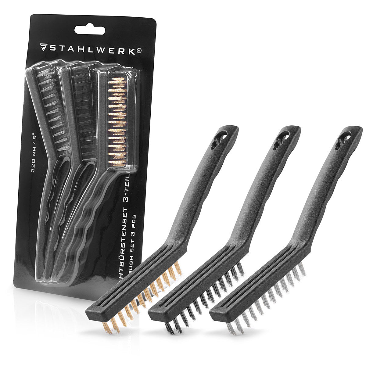 STAHLWERK Drahtbürsten Set 220 mm (9 Zoll) 6-teiliger Bürstensatz aus Messingbürste, Stahlbürste und Nylonbürste zum effektiven Reinigen von Oberflächen