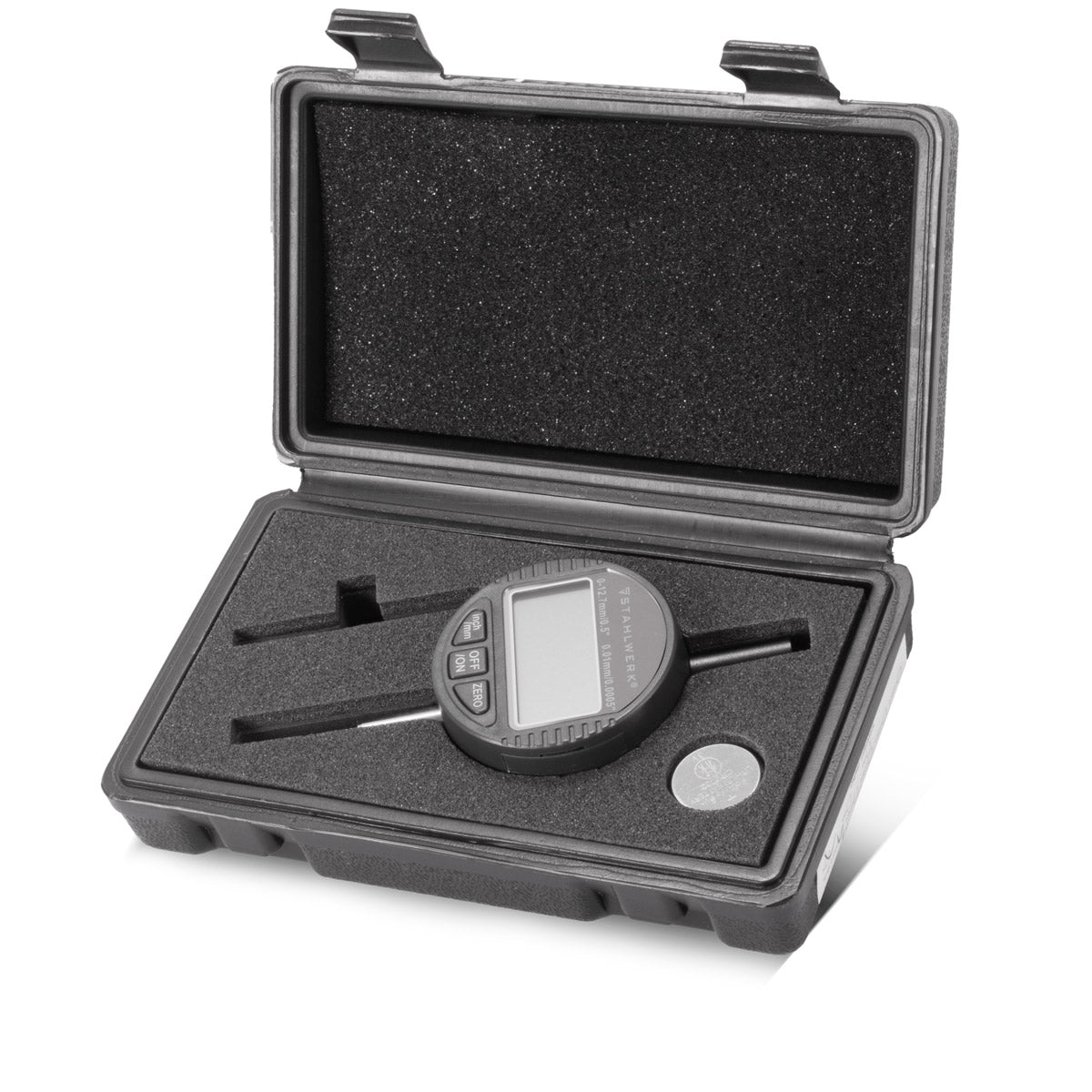 STAHLWERK digital dial indicator with 0-12.7 mm (0.5") measuring range, measuring probe for precision measurements in millimeters and inches