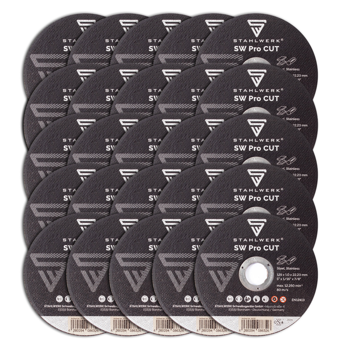 Disco da taglio STAHLWERK SW Pro CUT set da 25 125 x 1,0 x 22,23 mm | Dischi abrasivi 5" x 3/64 x 7/8" | Dischi flessibili per smerigliatrici angolari per il taglio di acciaio, acciaio inossidabile, alluminio e metalli non ferrosi