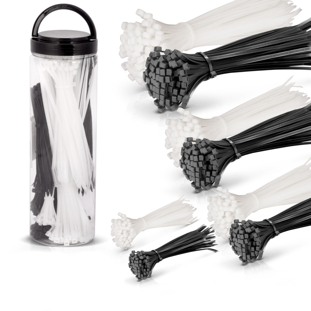 STAHLWERK bridas para cables juego de 600 2,5 x 150 mm | 3,6x150mm | 3,6x200 mm | 4,8 x 300 mm en blanco y negro, correas para cables de calidad industrial, resistentes a los rayos UV, extremadamente resistentes, estables y duraderas