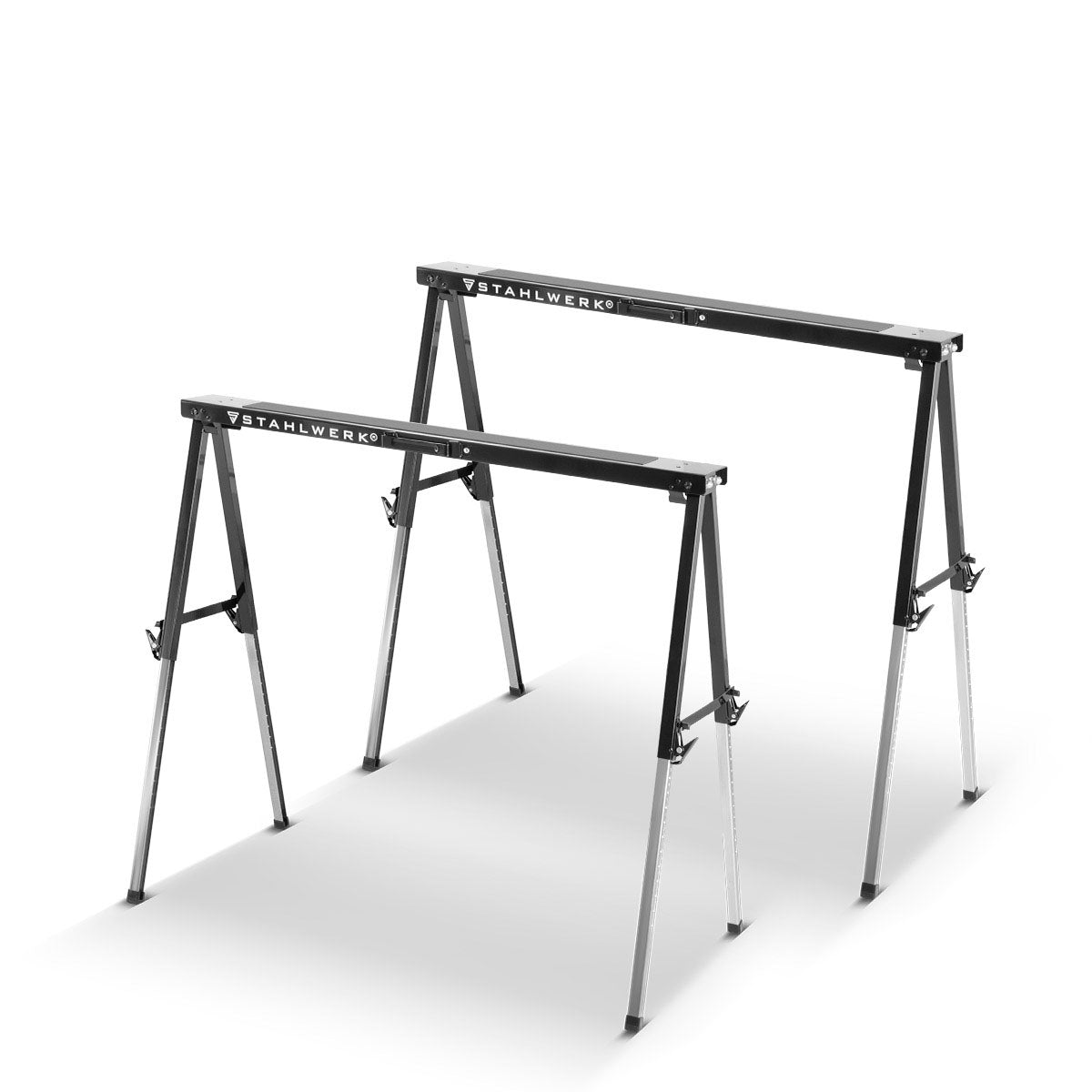 Sägebock SB-910 ST im 2er Set pulverbeschichteter Metall-Arbeitsbock | Universal-Klappbock | Gerüstbock höhenverstellbar von 645 - 910 mm mit 150 kg Tragkraft und rutschhemmender Oberfläche