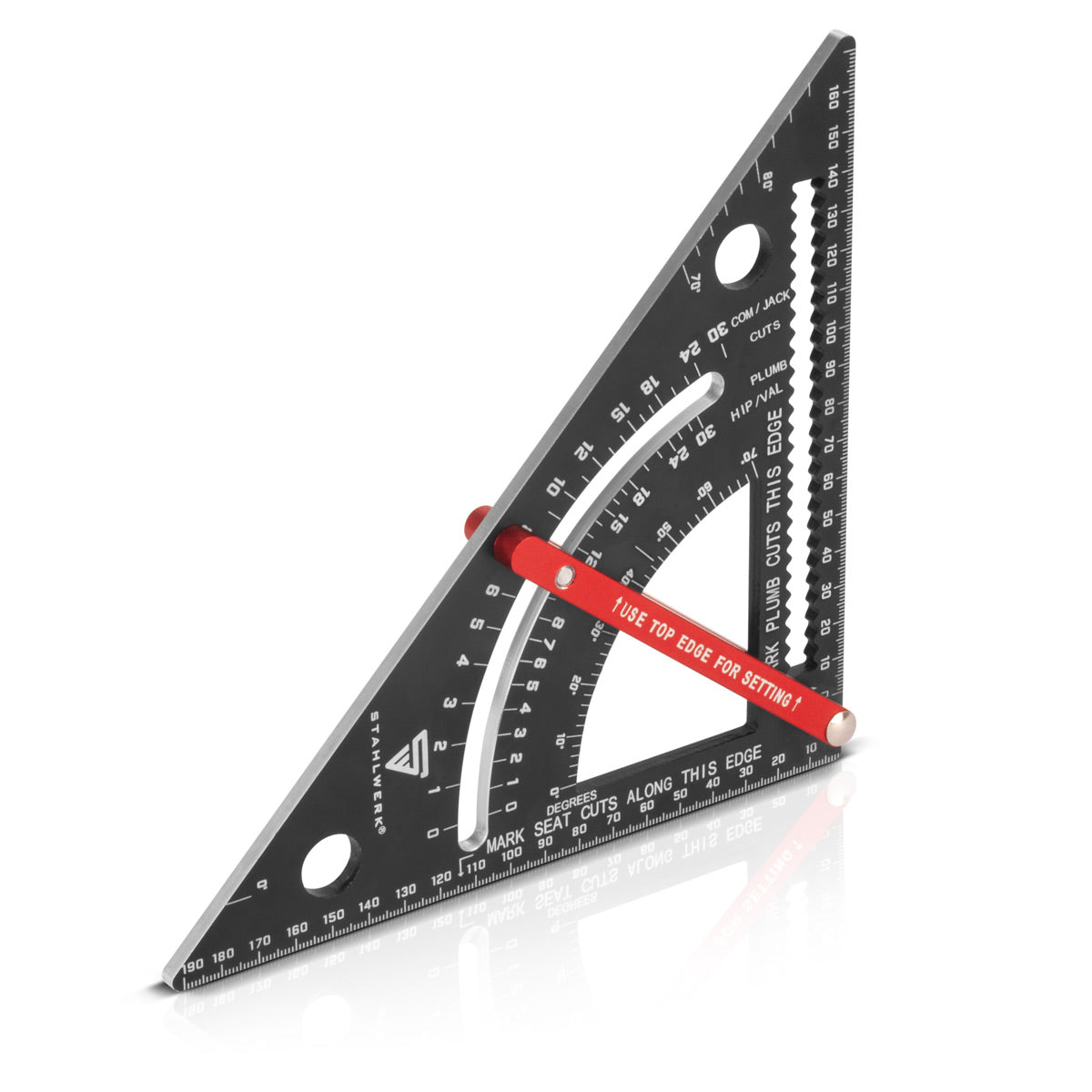 STAHLWERK Winkeldreieck mit Anschlag metrischer Aluminium-Winkelmesser | Anschlagwinkeldreieck | Zimmermannswinkel | Multifunktionswinkel zum präzisen Messen, Anreißen, Markieren und Zeichnen