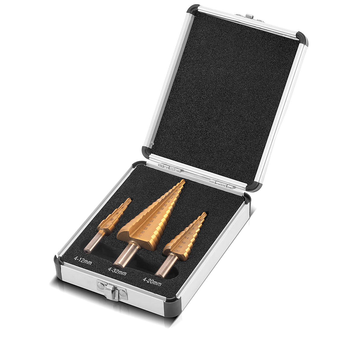 STAHLWERK HSS step drill set of 3 TiN coating 4-12 | 4-20 | 4-32mm Titanium Coated Metal Drill Bits | Cone drill | Countersink drill | Paring drill | Cone drill | Drill set with aluminum box