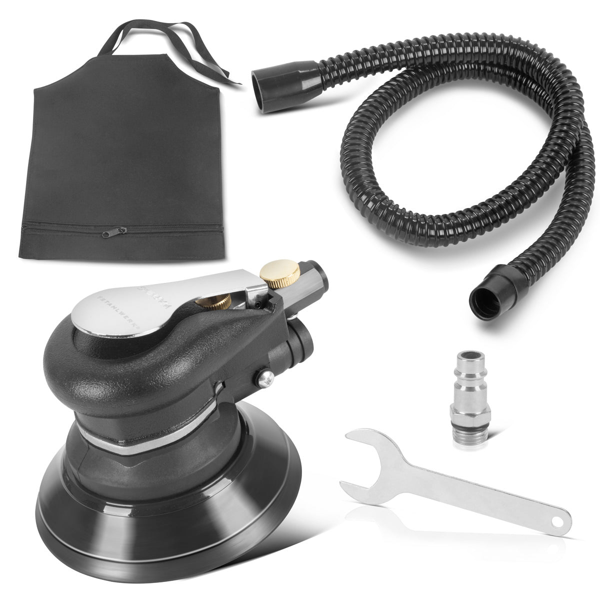 STAHLWERK compressed air eccentric sander DES-125 ST | Compressed air sander with 125 mm sanding plate | Polishing machine for polishing and grinding metal, plastic and wood including suction system and dust bag