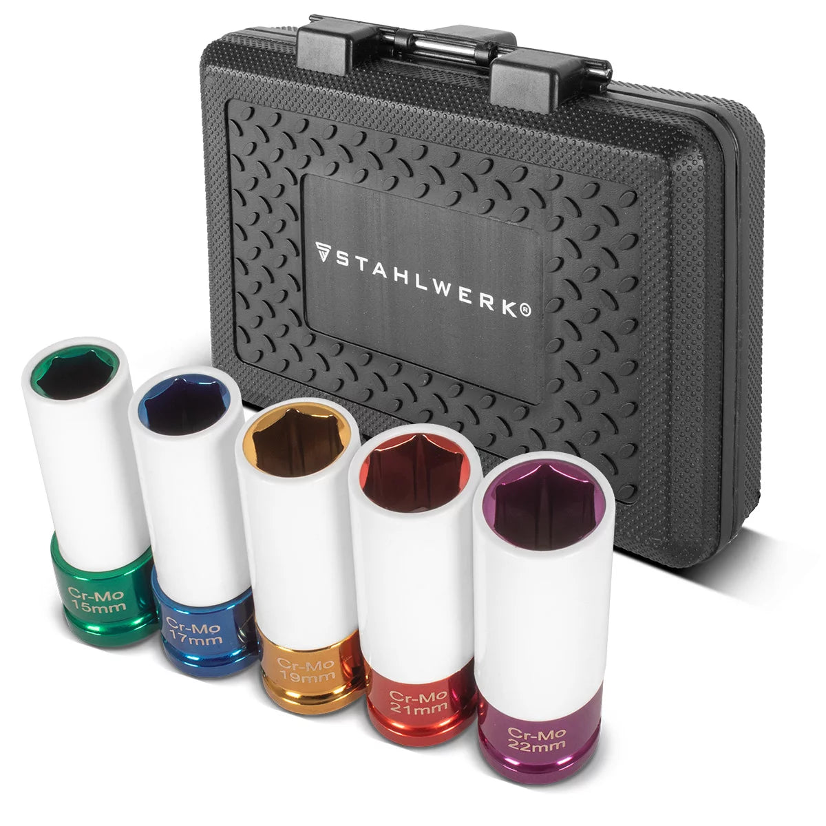 STAHLWERK Schlagschrauber-Nüsse-Set 1/2" Antrieb | 5 Schonnüsse 15, 17, 19, 21, 22 mm | Für einfachen Radwechsel | Cr-Mo-Stecknüsse für Alufelgen | Mit Felgenschutz | 6-Punkt-Profil | Farbcodiert