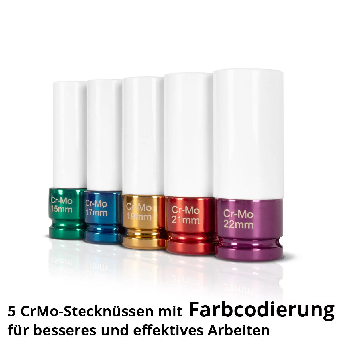 STAHLWERK Schlagschrauber-Nüsse-Set 1/2" Antrieb | 5 Schonnüsse 15, 17, 19, 21, 22 mm | Für einfachen Radwechsel | Cr-Mo-Stecknüsse für Alufelgen | Mit Felgenschutz | 6-Punkt-Profil | Farbcodiert