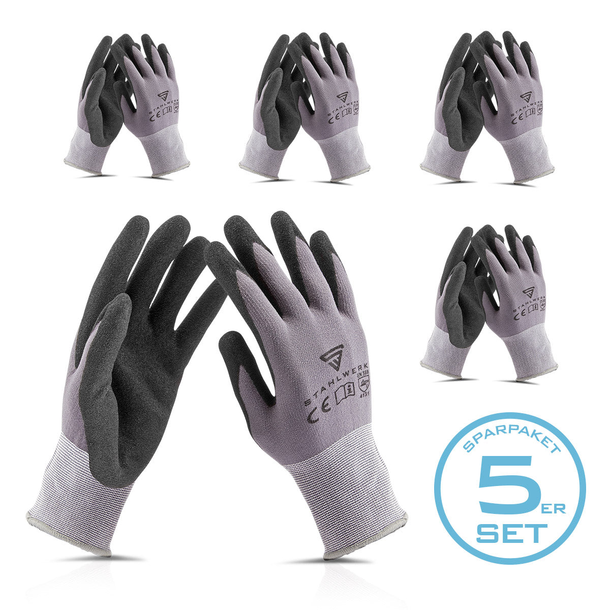 STAHLWERK work and assembly gloves size L pack of 5 / protective clothing / robust and hard-wearing made of nitrile rubber