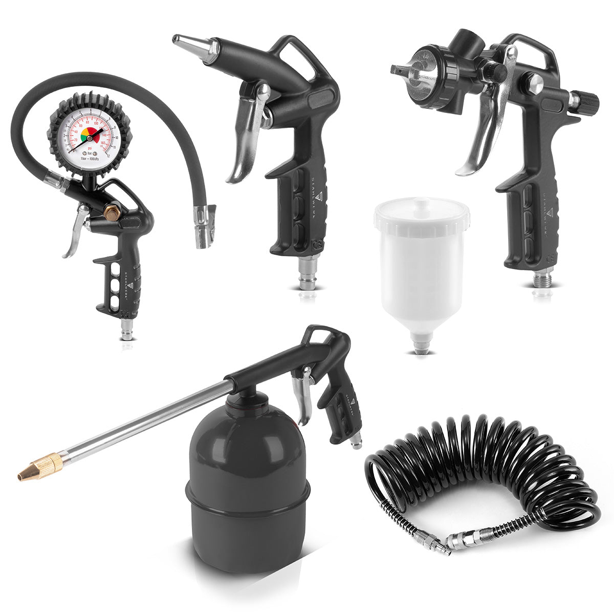 Set aria compressa STAHLWERK 5 pezzi | attrezzo ad aria compressa comprensivo di pistola per verniciatura, pistola per soffiaggio, pistola per pulizia con contenitore, gonfiatore per pneumatici con manometro e tubo a spirale da 5 metri per il collegamento