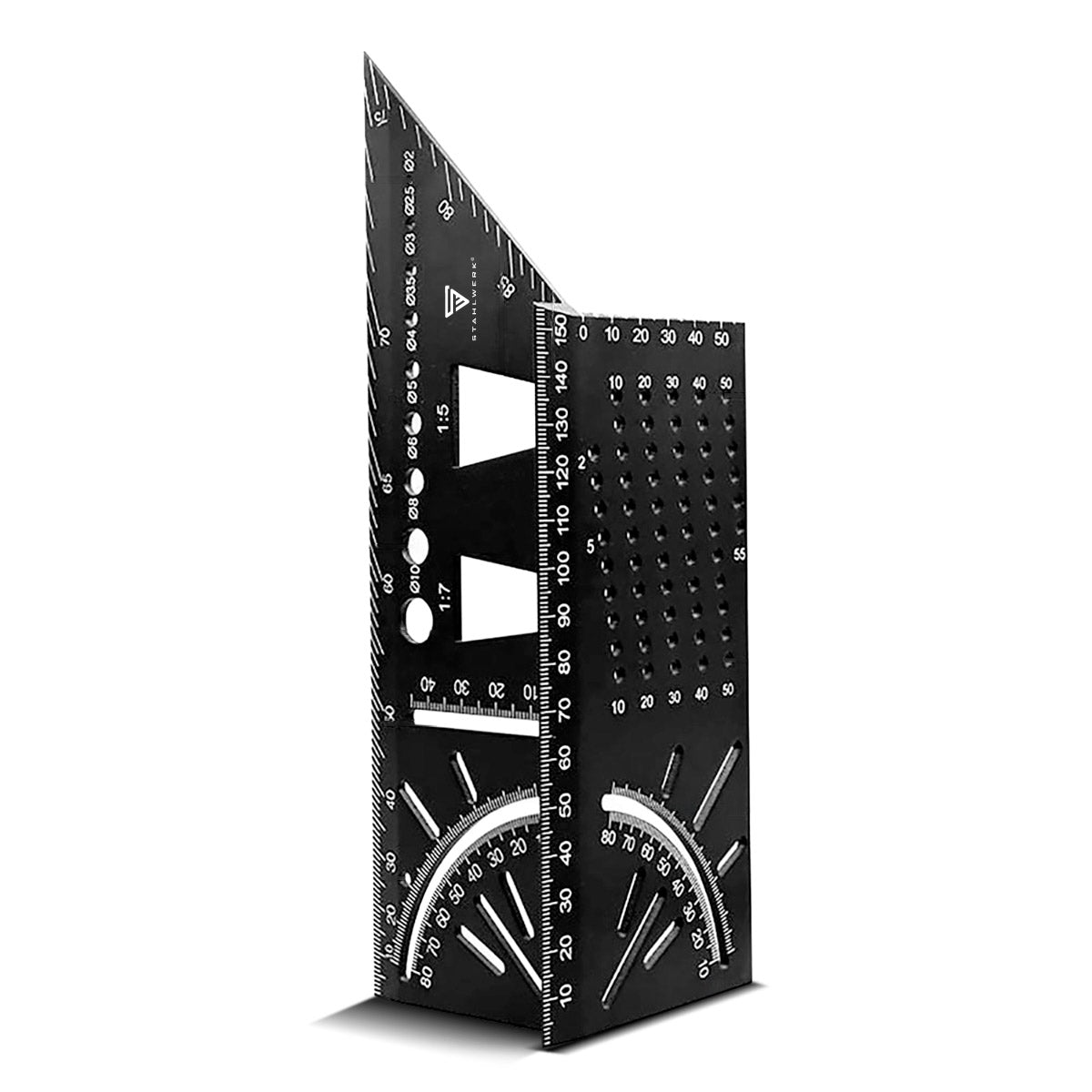 STAHLWERK miter angle ruler with stop and drilling jig 3D angle | carpenter's angle | Aluminum angle | Miter gauge | Protractor for precise measuring, marking, marking and drawing