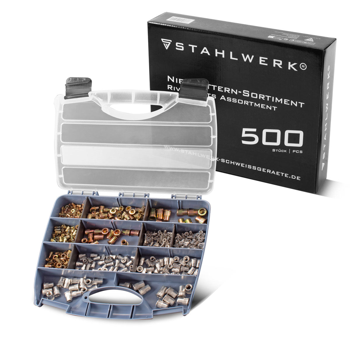 STAHLWERK Nietmuttern-Set für Nietmutternzangen 500-teilig | Hochwertige Gewindenieten aus Aluminium und Stahl im praktischen Koffer |Wechsel-Gewindedorn M3 | M4 | M5 | M6 | M8 | M10