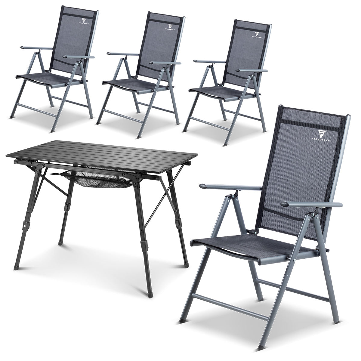 STAHLWERK Campingstuhl CS-103 ST 4er Set mit Campingtisch CT-30 ST Tischgarnitur | Campingmöbel | Gartenstuhl | Klappstuhl | Klappsessel | Aluminiumstuhl | Hochlehner | Terrassenmöbel