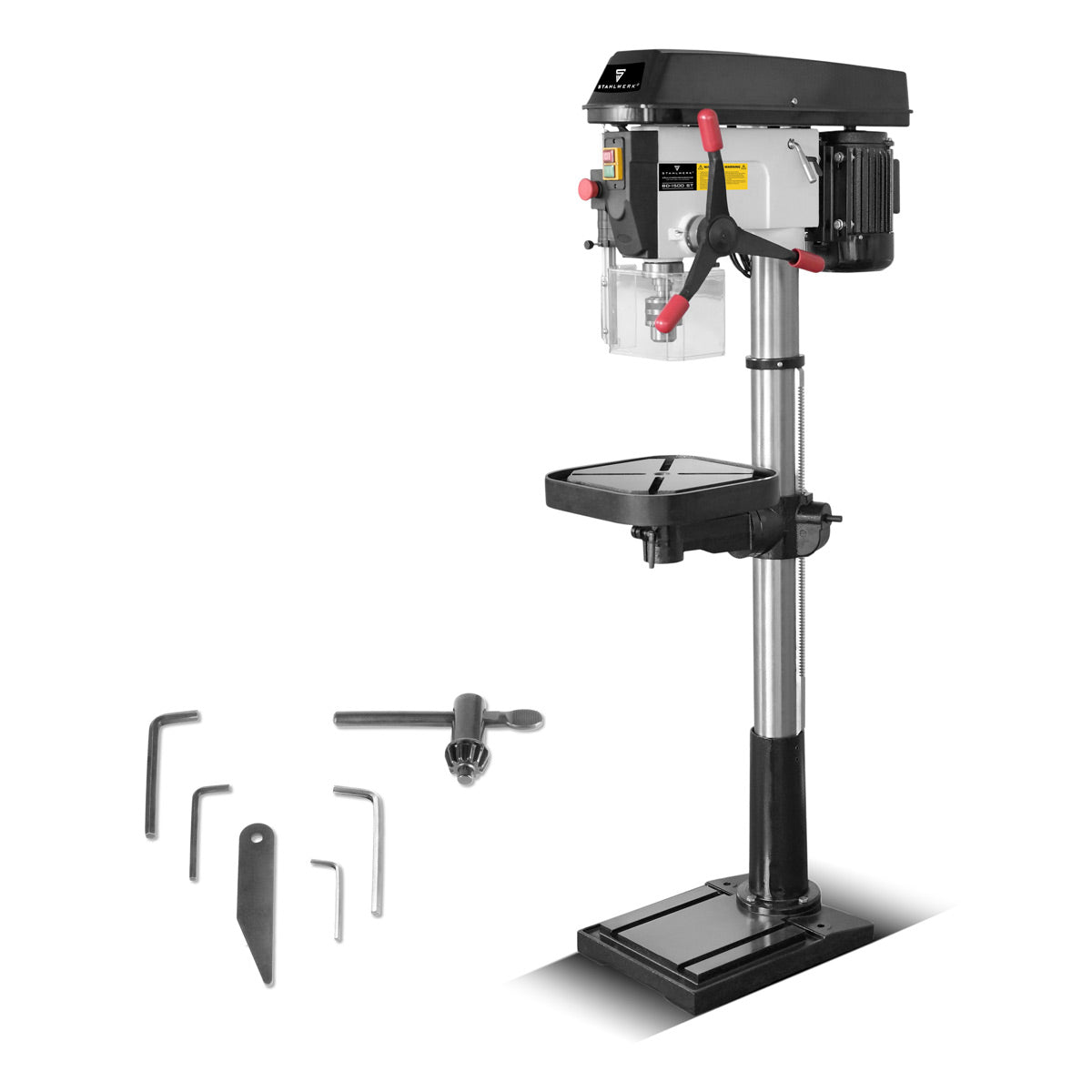Taladradora de columna STAHLWERK BD-1500 ST | Potente taladro de columna de 1500 vatios para aficionados al bricolaje y la construcción metálica | Diámetro de perforación Ø 20 mm | 150 - 2.450 rpm | Mesa de perforación robusta y base de metal