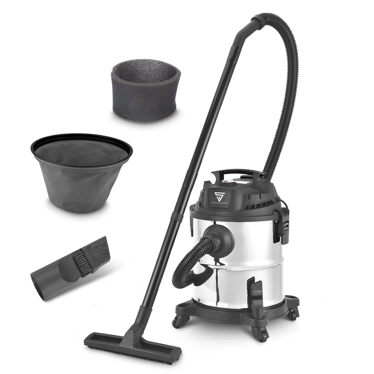 Aspiraliquidi STAHLWERK VCL-1200 ST | Aspirapolvere da officina da 1200 W con contenitore in metallo da 20 l | Funzione scuoti-polvere e soffiaggio | Aspiratore industriale compatto per officine, garage e cantieri