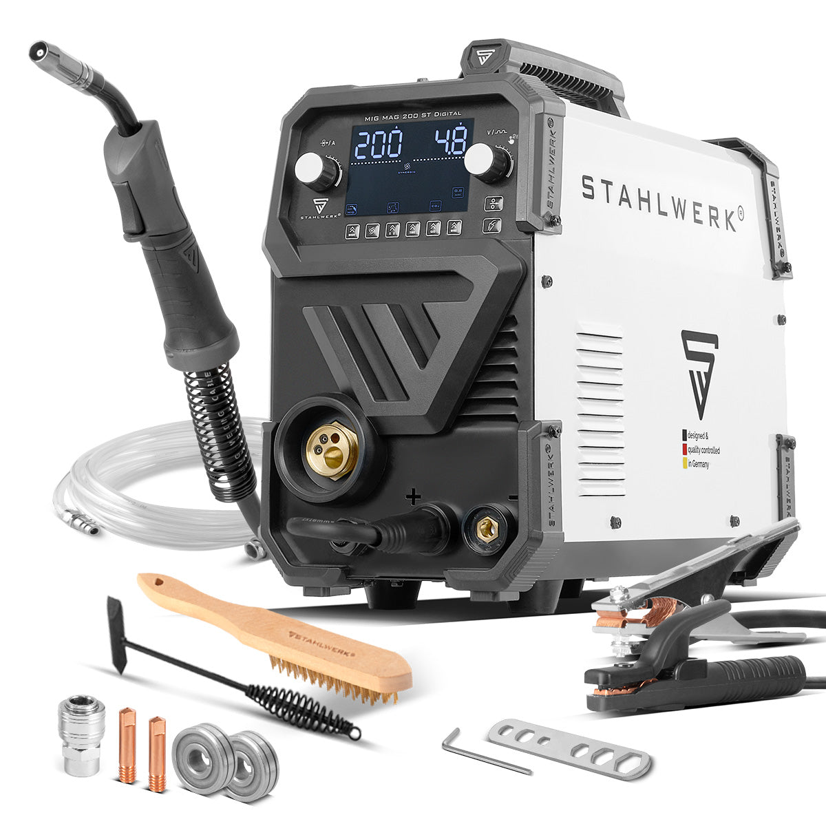 STAHLWERK Schweißgerät MIG MAG 200 ST Digital Schutzgas-Schweißgerät | Inverter mit 200 A, Spot-Funktion, synergischem Drahtvorschub, FLUX und MMA | ARC Funktion