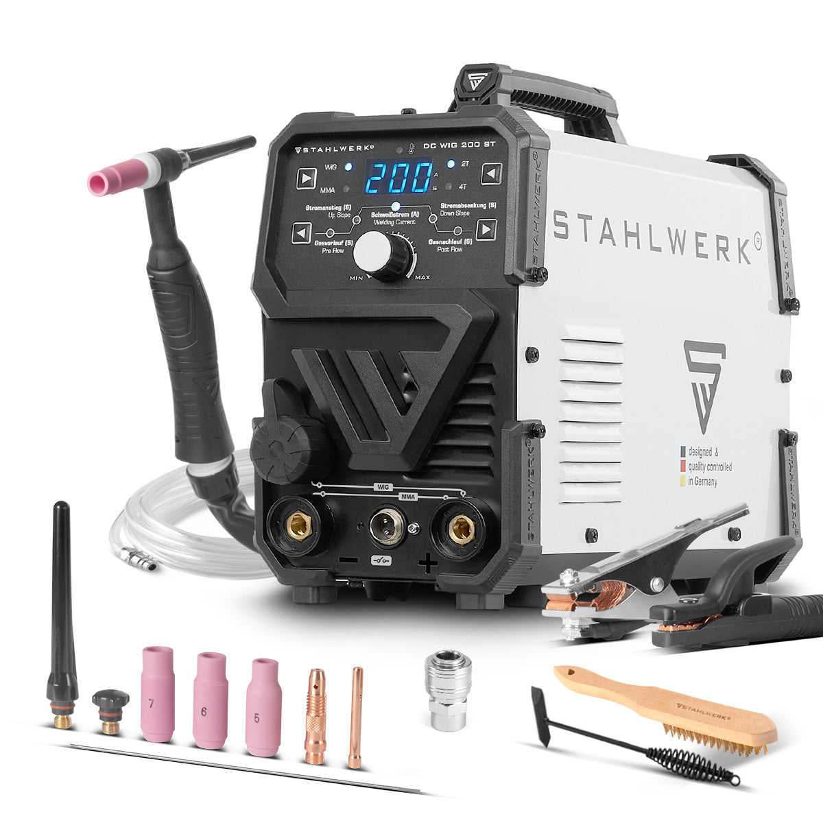 STAHLWERK DC TIG 200 ST | Saldatrice combinata 2 in 1 | TIGMMA | 200 ampere | Accensione HF, hot start, anti-stick | Per acciaio, acciaio inox, rame, ottone | Non adatto per l'alluminio