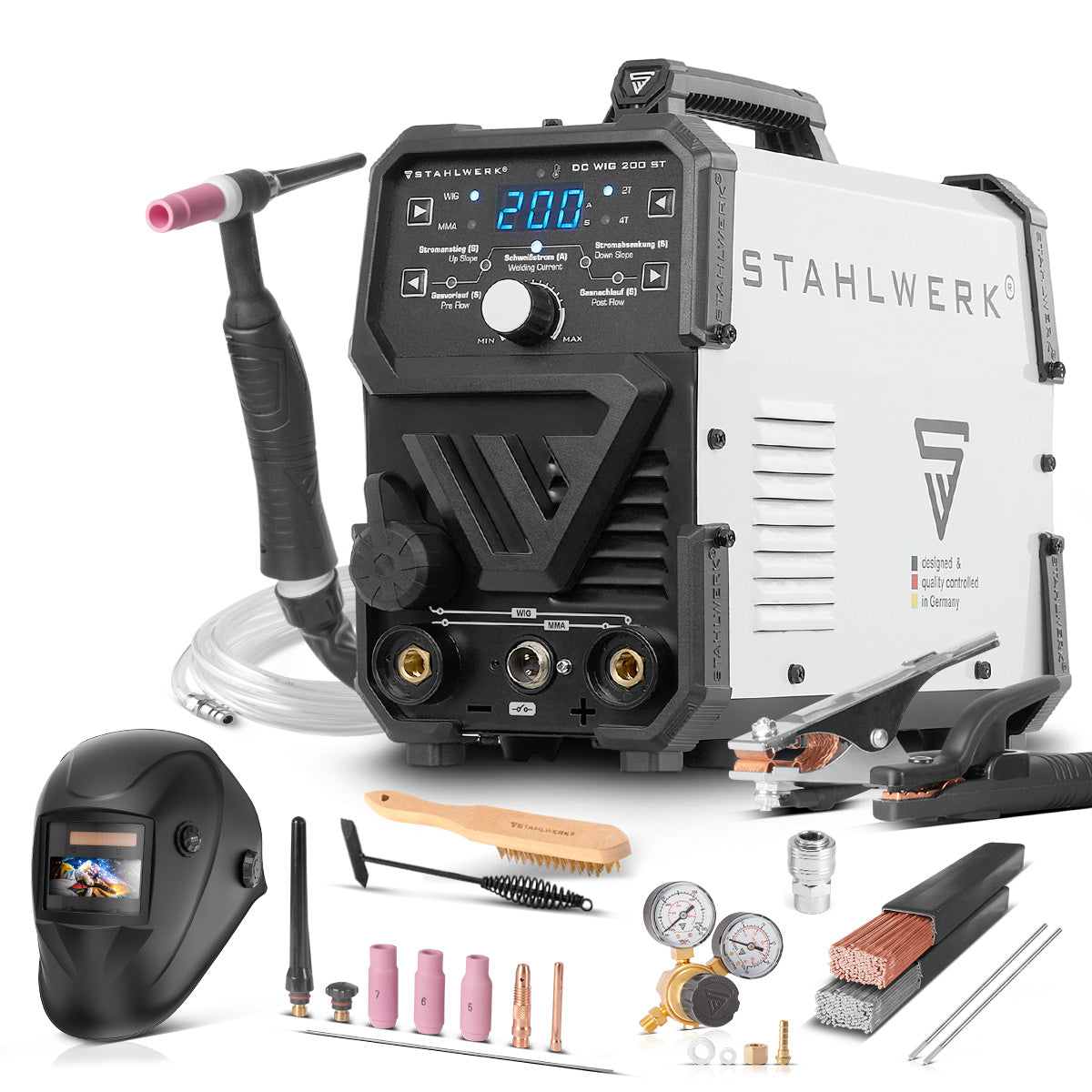 STAHLWERK DC TIG 200 ST - juego completo - soldadora combinada TIG con 200 A y MMA, soldadura de acero, acero inoxidable y mucho más. (sin soldadura ALU)