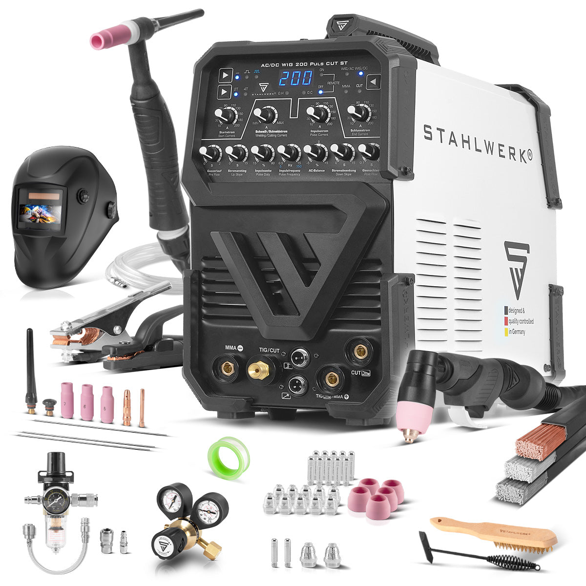 Poste à souder STAHLWERK AC/DC TIG 200 Pulse CUT ST Poste à souder entièrement équipé avec 200 A TIG & MMA, adapté à l'aluminium et aux tôles fines, appareil combiné avec fonction CUT 45 A