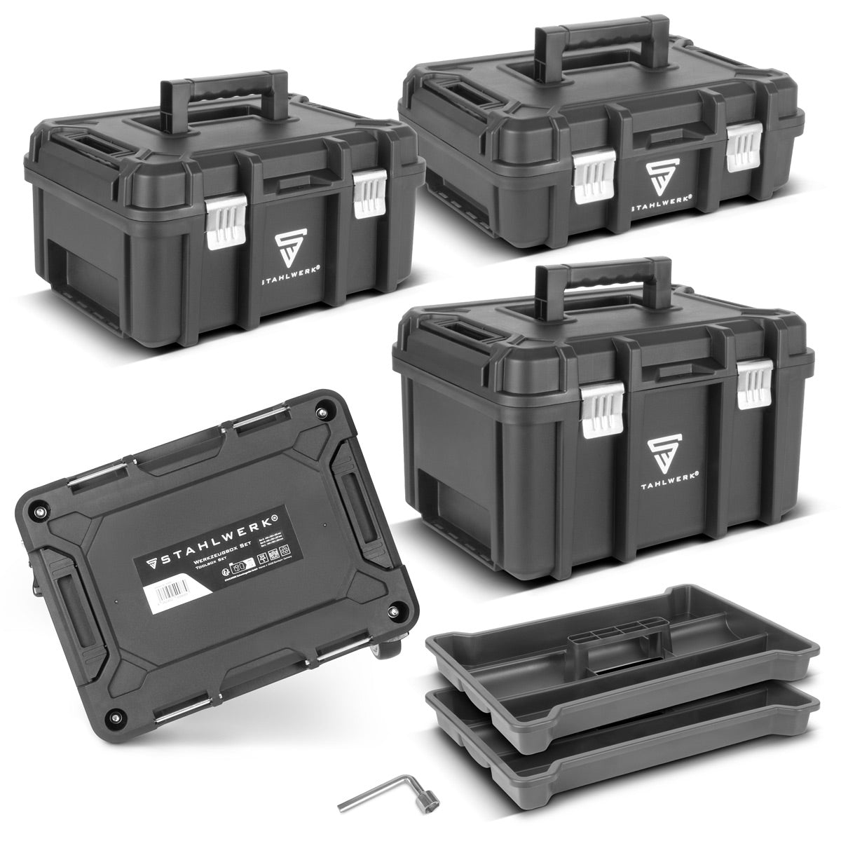 Juego de herramientas STAHLWERK | 3 cajas de herramientas apilables | Carro de herramientas móvil con plataforma rodante | Sistema modular flexible con cajas surtidas | Cajas de herramientas móviles con organizadores de piezas pequeñas.