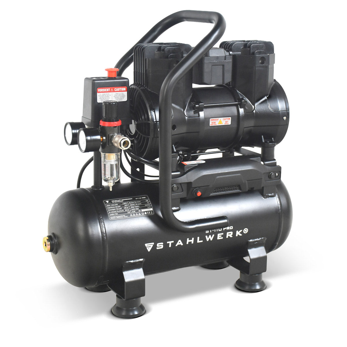 STAHLWERK compressor ST-110 Pro with 8 bar | 1.97 HP | 1.45kW | 250 l/min | 10 liter tank oil-free compressed air compressor | Piston compressor | Silent compressor | Whisper compressor with brushless motors