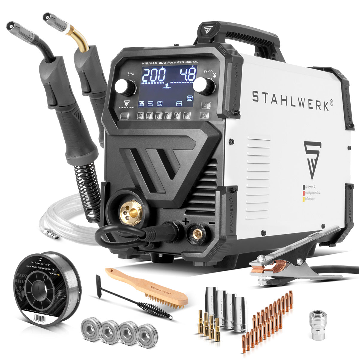 STAHLWERK MIG MAG 200 Spot Puls Pro Digital Aluminum Set | Inert gas welding machine | IGBT inverter 200 A | Synergic wire feeder | 4-roller drive, FLUX, Lift-TIG, MMA, CuSi, MIG-Pulse for aluminum