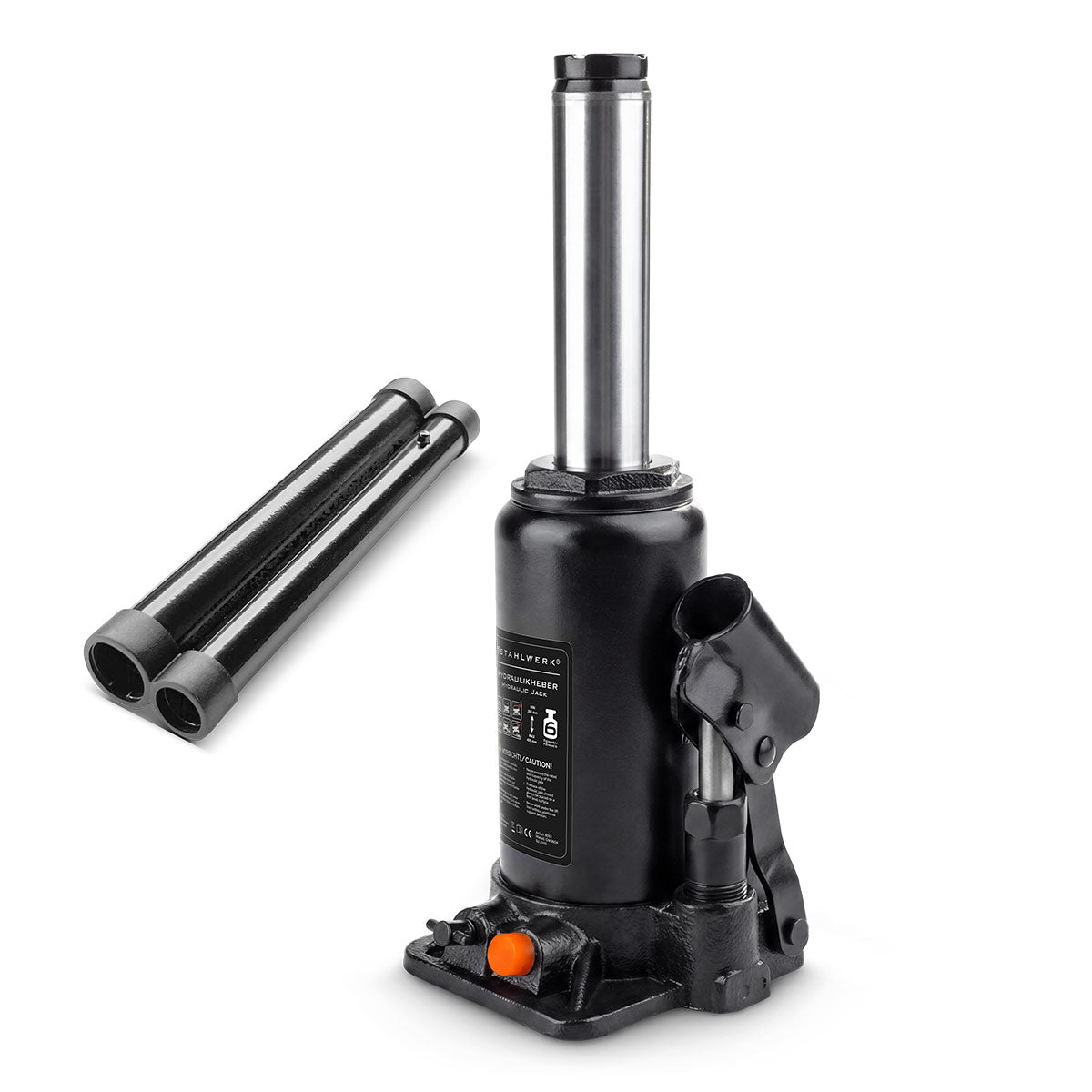 Gato hidráulico STAHLWERK GW0604 con capacidad de carga de 6 t | Rango de carrera 200 - 405 mm | Gato de sello compacto | Gato hidráulico para coche | Gato de botella estable para máquinas, vehículos industriales y turismos