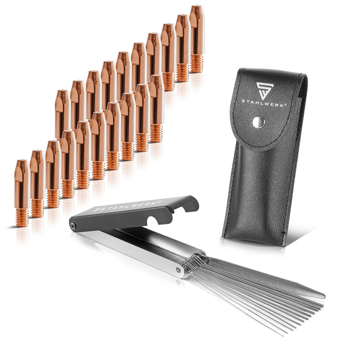 Set punte di contatto STAHLWERK MIG MAG | Set di 20 punte di contatto M6x28 0,9 mm | Pulitore per ugelli 13 in 1 in custodia | Accessori per AK25, MB25, KD24, MB24 | Set di parti di pulizia e usura per torce di saldatura MIG/MAG