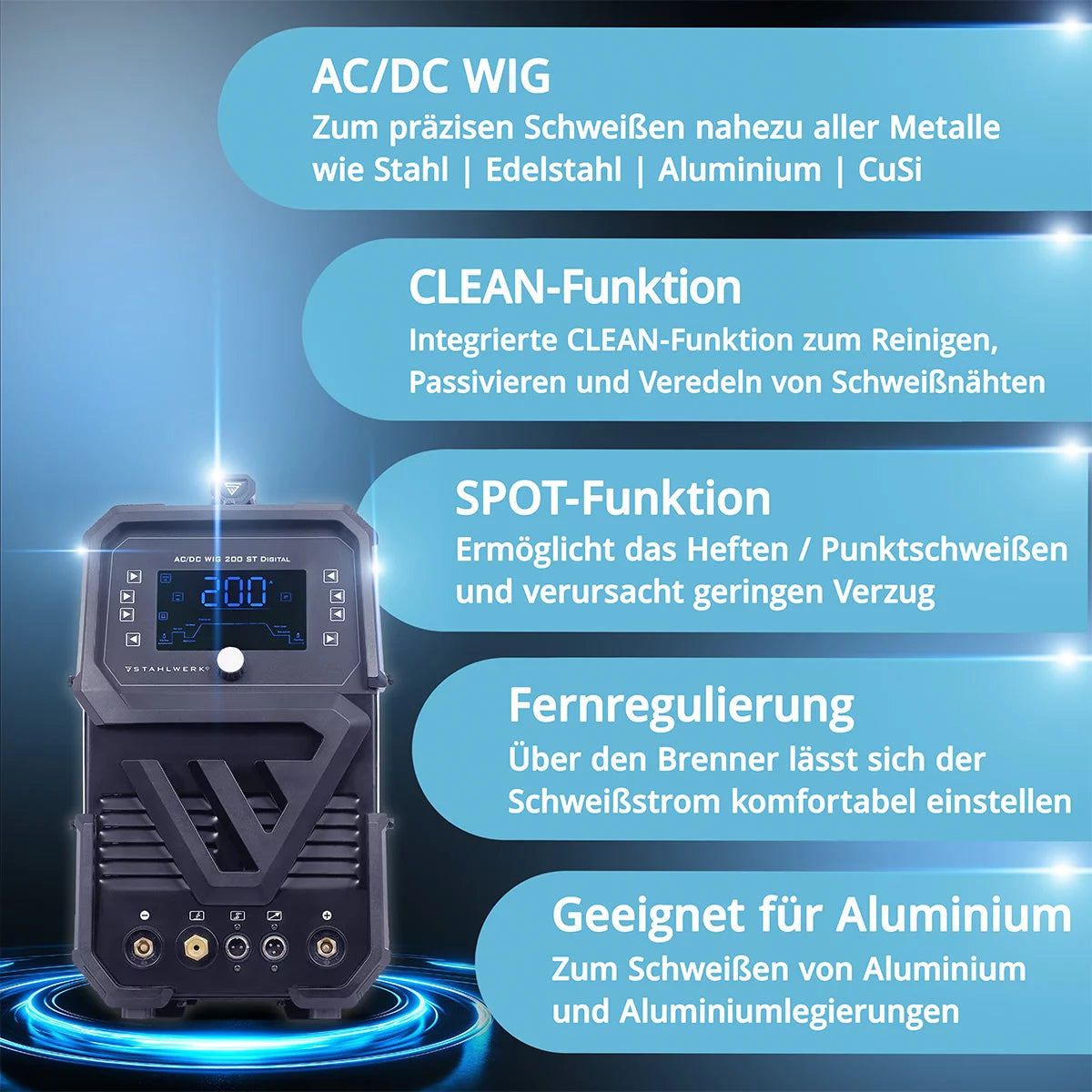 Saldatrice STAHLWERK AC/DC TIG 200 ST Digital 2026 | Saldatrice combinata 3 in 1 | Funzione spot | Funzione di pulizia integrata | Convertitore TIG/MMA adatto all'alluminio da 200 A | Controllabile da remoto | Pannello di controllo digitale