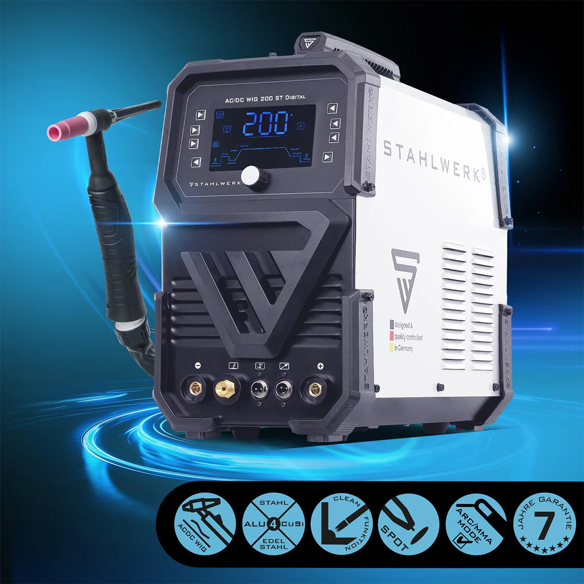 Saldatrice STAHLWERK AC/DC TIG 200 ST Digital 2026 | Saldatrice combinata 3 in 1 | Funzione spot | Funzione di pulizia integrata | Convertitore TIG/MMA adatto all'alluminio da 200 A | Controllabile da remoto | Pannello di controllo digitale