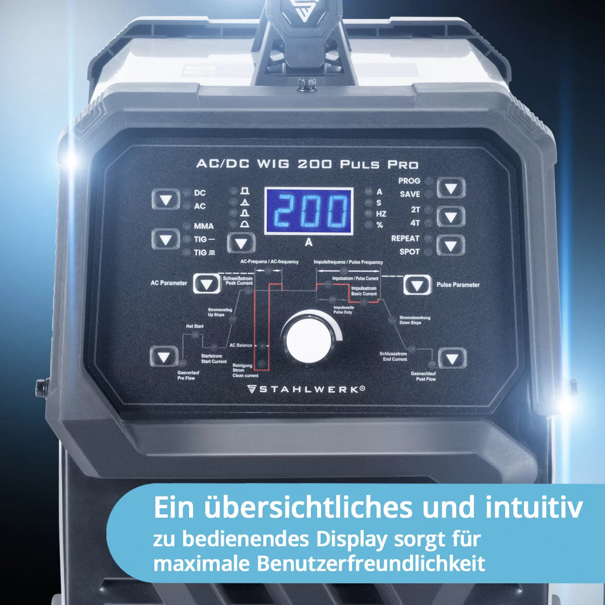 STAHLWERK AC/DC WIG 200 Puls Pro Vollausstattung - Digitales Schweißgerät | 200 Ampere, ARC/MMA Funktion, Job-Speicher und IGBT-Technologie, geeignet für Alu und Dünnblech