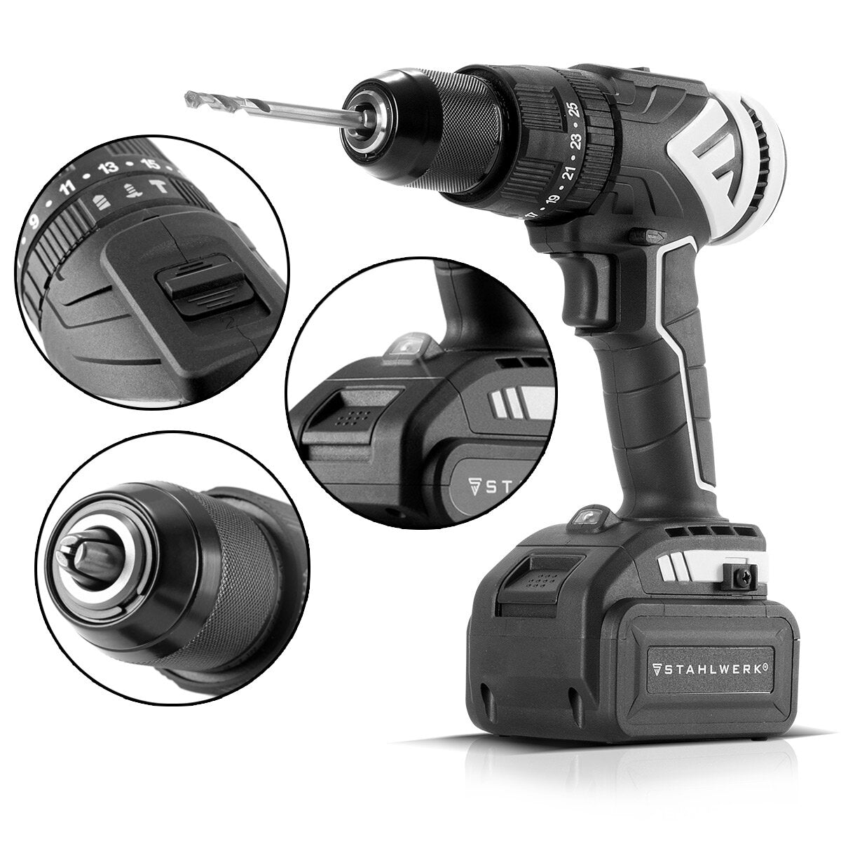 Perceuse à percussion sans fil STAHLWERK ASB-20 ST avec système 20 volts et visseuse sans fil à technologie brushless | Perceuse sans fil | Perceuse/tournevis comprenant batterie, chargeur, coffret de machine, embout et jeu de forets