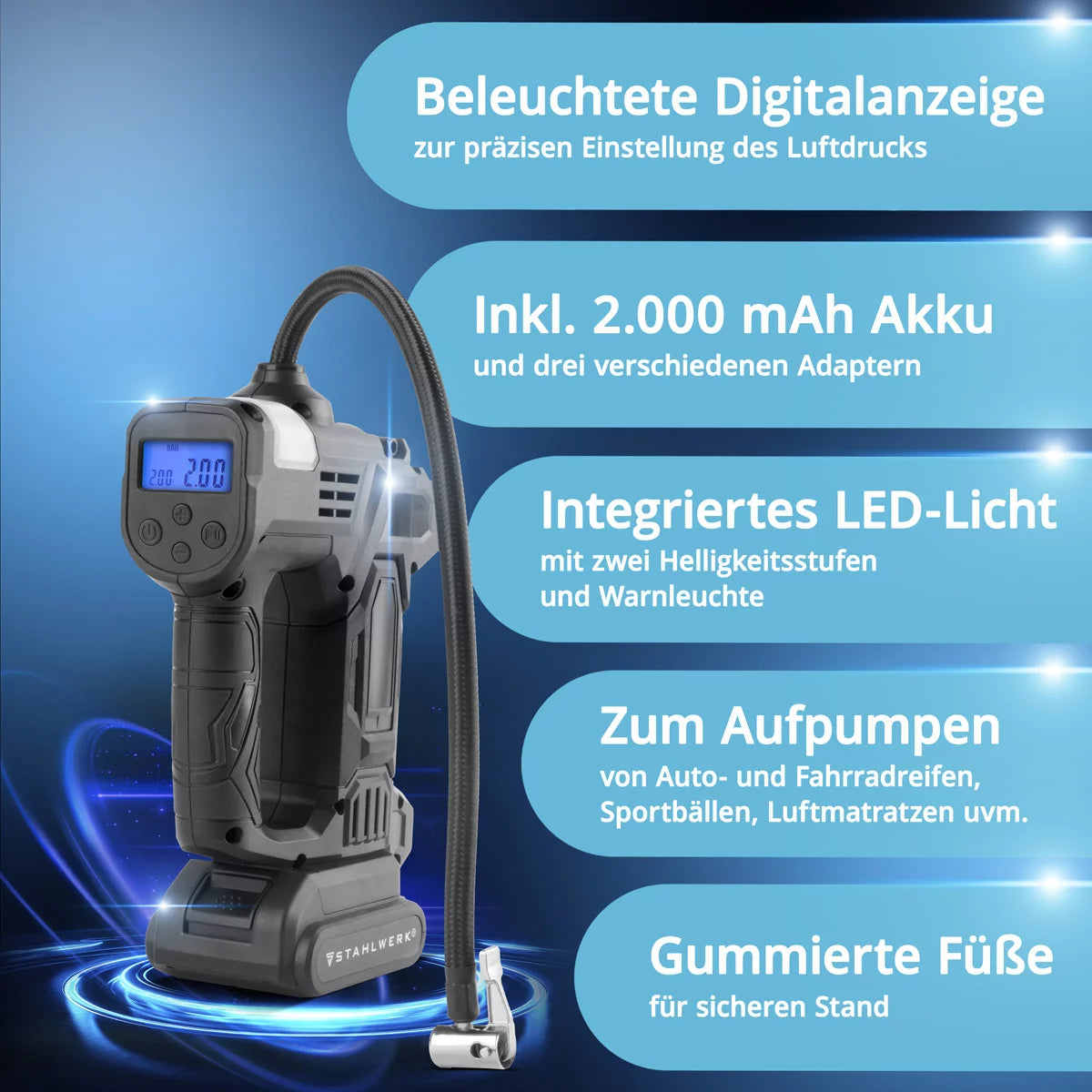 STAHLWERK Akku-Druckluftkompressor ADK-20 ST | 72 Watt Leistung und 2 Ah Akku | Mini-Kompressor zum Aufpumpen von Reifen, Bällen | Elektrische Luftpumpe mit Digitalanzeige und Beleuchtung | Luftkompressor