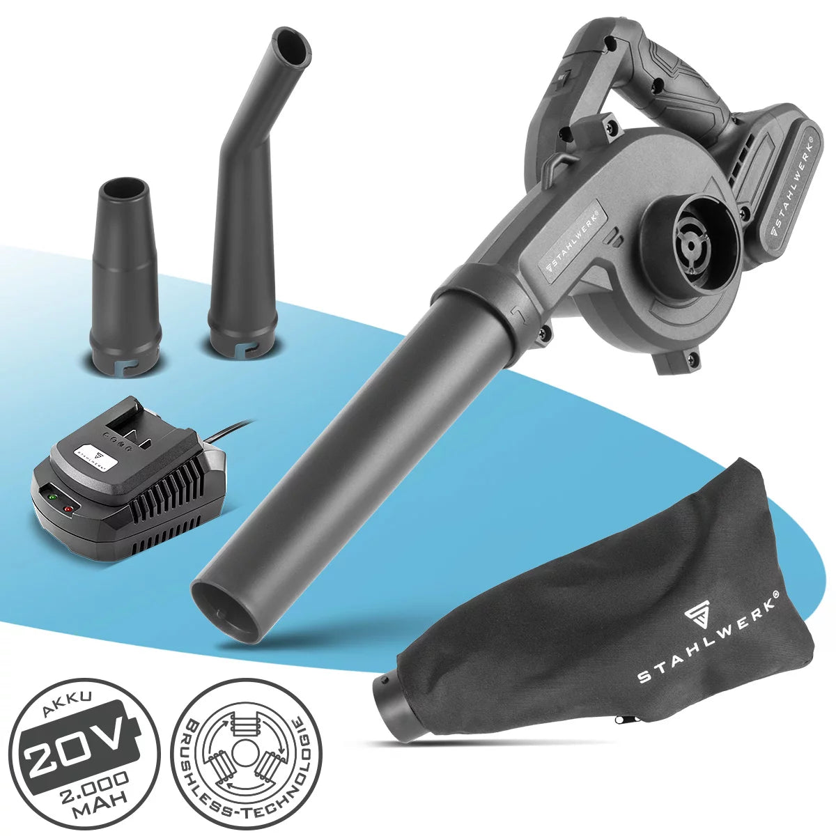 STAHLWERK mini-souffleur à batterie MAG-20 ST | Souffleur de feuilles sans fil 20 volts avec 2 Ah | Souffleur universel portable pour le nettoyage des jardins et des rues | Aspirateur à feuilles sans balais Souffleur compact 98 m/s | 0 - 18 000 tr/min
