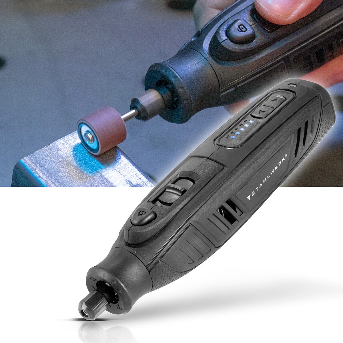 STAHLWERK Akku Mehrzweckschleifer AMF-80 ST 5.000-25.000 U/min 2.000 mAh Multifunktionswerkzeug / Drehwerkzeug / Schleifgerät / Minischleifer mit 53-teiligem Zubehör und USB-Ladekabel