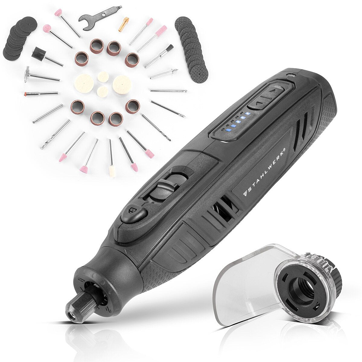 STAHLWERK Akku Mehrzweckschleifer AMF-80 ST 5.000-25.000 U/min 2.000 mAh Multifunktionswerkzeug / Drehwerkzeug / Schleifgerät / Minischleifer mit 53-teiligem Zubehör und USB-Ladekabel
