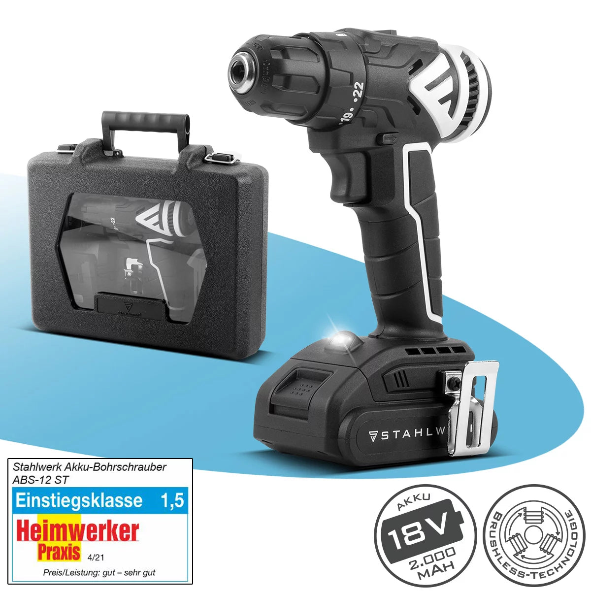 Visseuse sans fil STAHLWERK ABS-18 ST avec 18 volts et technologie sans balais, perceuse/tournevis sans fil | Perceuse sans fil | Perceuse | Ensemble d'outils sans fil comprenant une batterie, un chargeur et une mallette de transport
