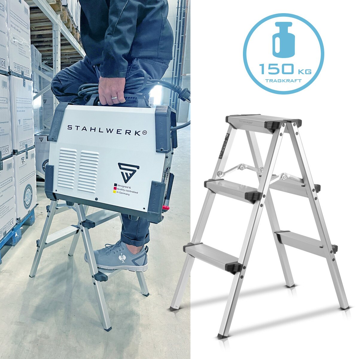 Escalera de tijera de aluminio STAHLWERK ALT-150 ST hasta 150 kg, 3 peldaños, altura de pie 72 cm, escalera de aluminio | Escalera plegable | Peldaño plegable | Escalera multiusos | Escalera de tijera con peldaños antideslizantes.