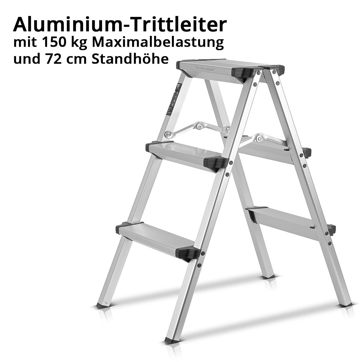 Escalera de tijera de aluminio STAHLWERK ALT-150 ST hasta 150 kg, 3 peldaños, altura de pie 72 cm, escalera de aluminio | Escalera plegable | Peldaño plegable | Escalera multiusos | Escalera de tijera con peldaños antideslizantes.