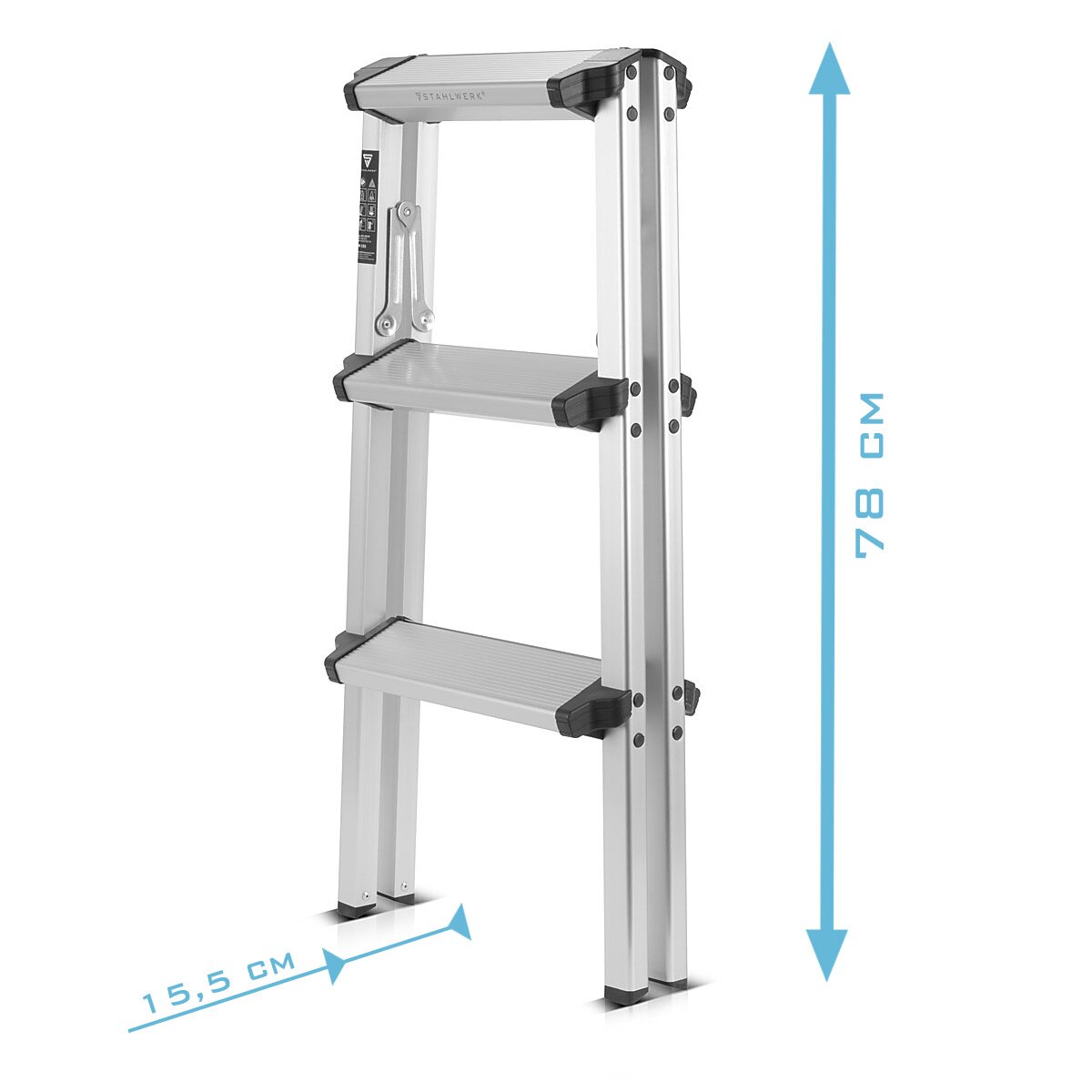 Escalera de tijera de aluminio STAHLWERK ALT-150 ST hasta 150 kg, 3 peldaños, altura de pie 72 cm, escalera de aluminio | Escalera plegable | Peldaño plegable | Escalera multiusos | Escalera de tijera con peldaños antideslizantes.