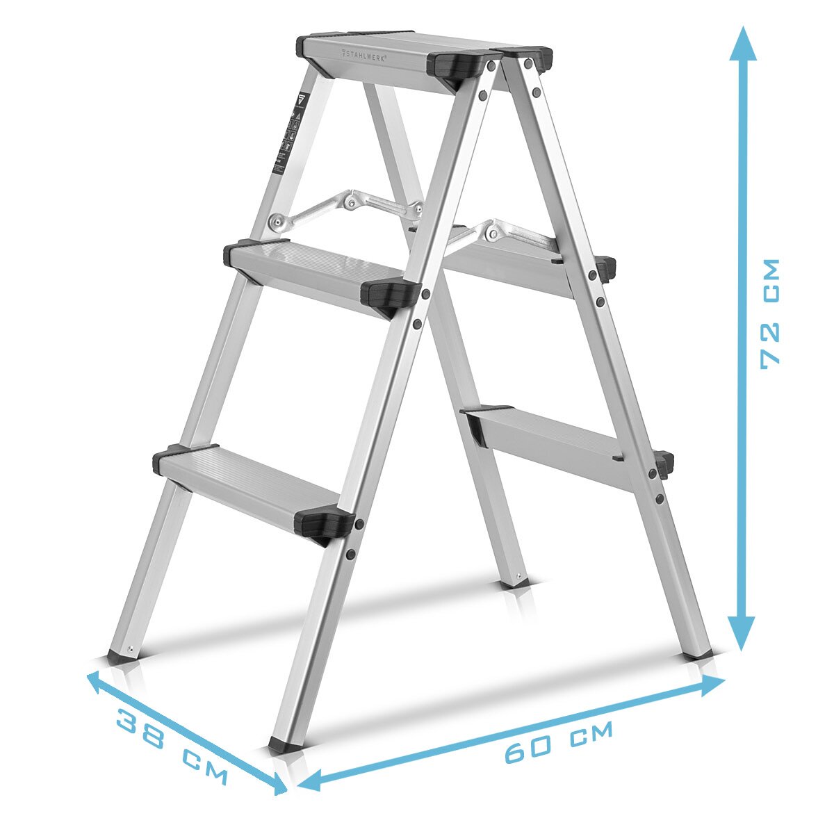 Escalera de tijera de aluminio STAHLWERK ALT-150 ST hasta 150 kg, 3 peldaños, altura de pie 72 cm, escalera de aluminio | Escalera plegable | Peldaño plegable | Escalera multiusos | Escalera de tijera con peldaños antideslizantes.