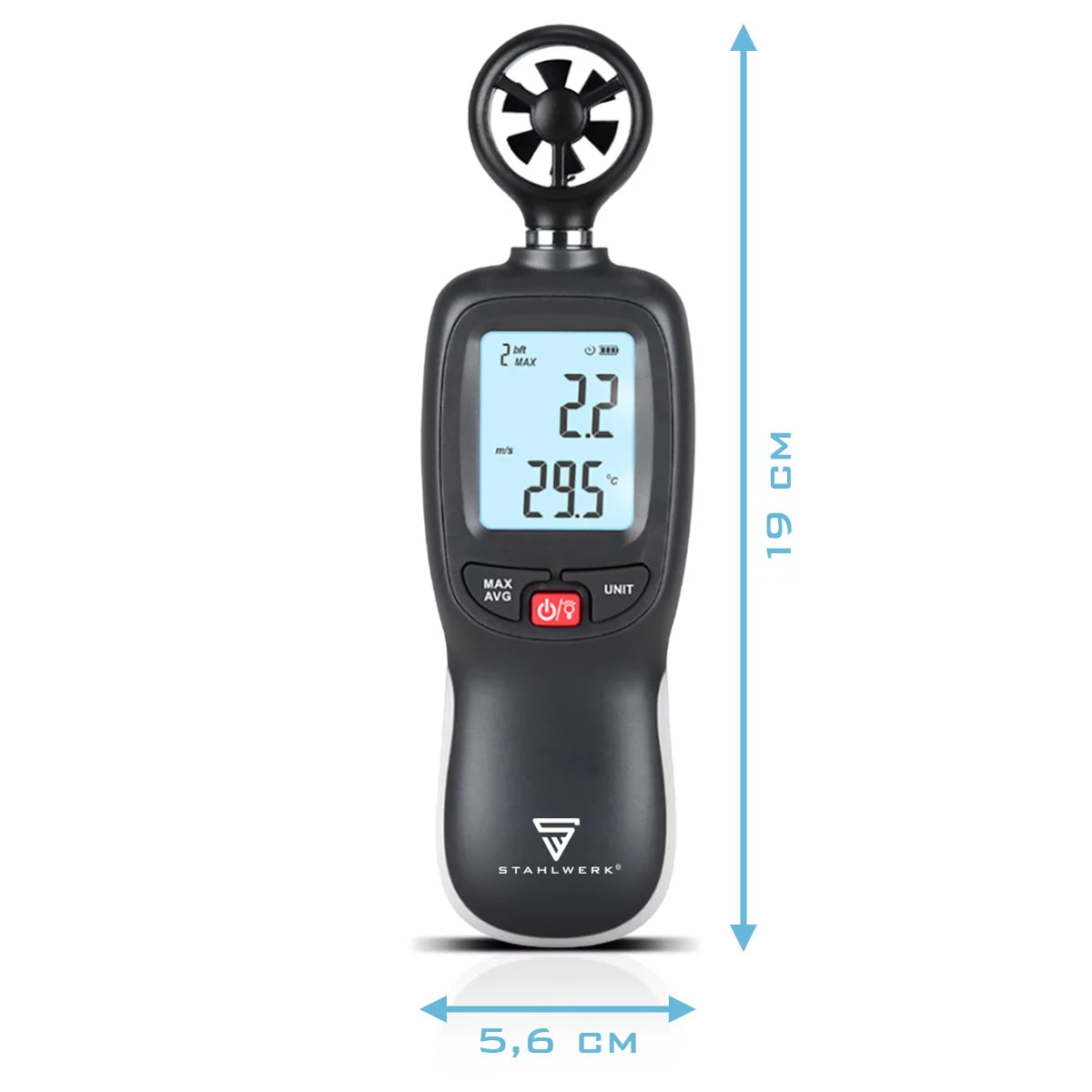 STAHLWERK Anemometer | Kompakter Luftgeschwindigkeitsmesser 30 m/s | Windmessgerät | Luftstrommesser | Präzise Messung von Windgeschwindigkeitsdaten | Digitales Lufttemperaturmessgerät mit LCD-Display