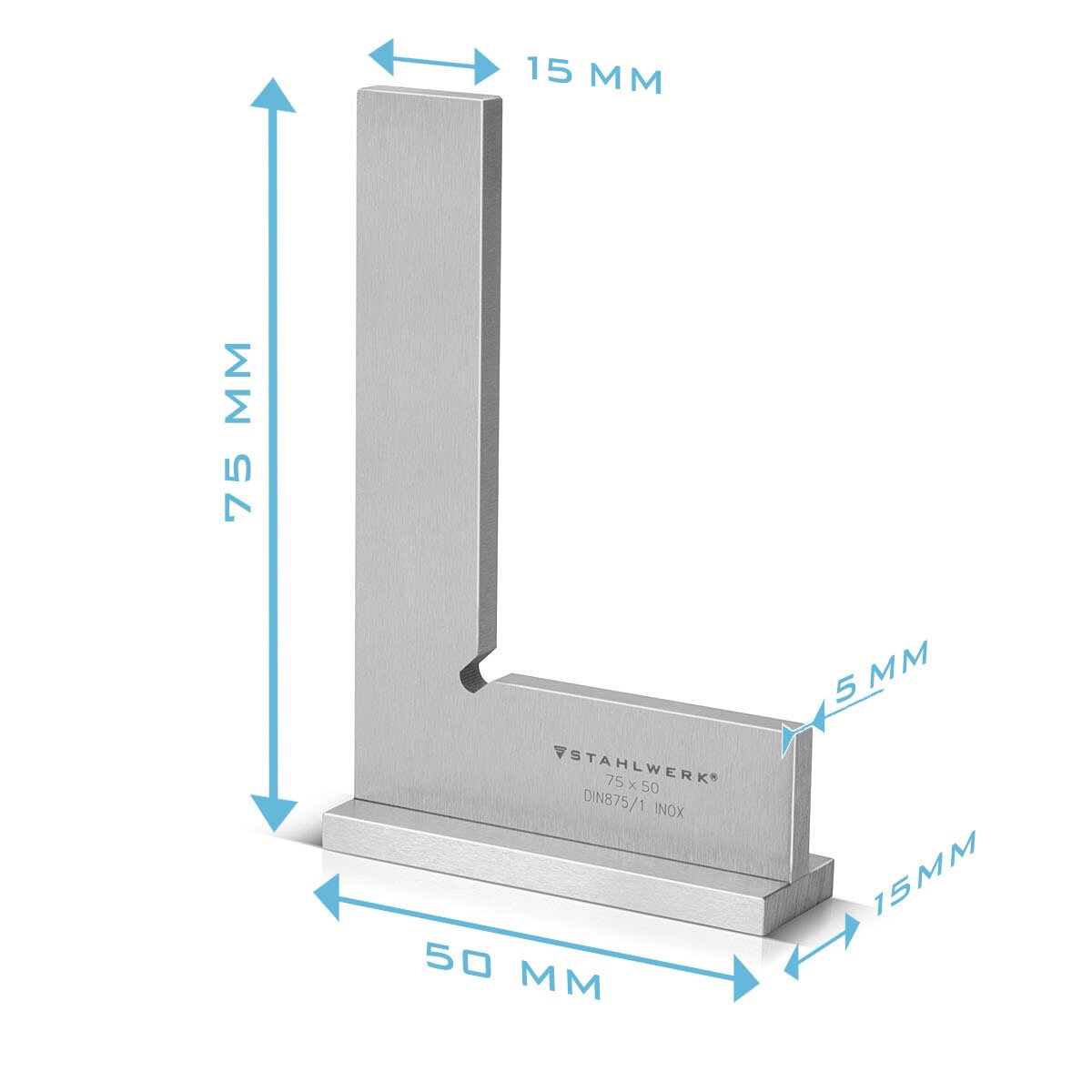STAHLWERK stop square 90° 75 x 50 mm DIN 875/1 locksmith square / angle stop / precision square made of stainless steel