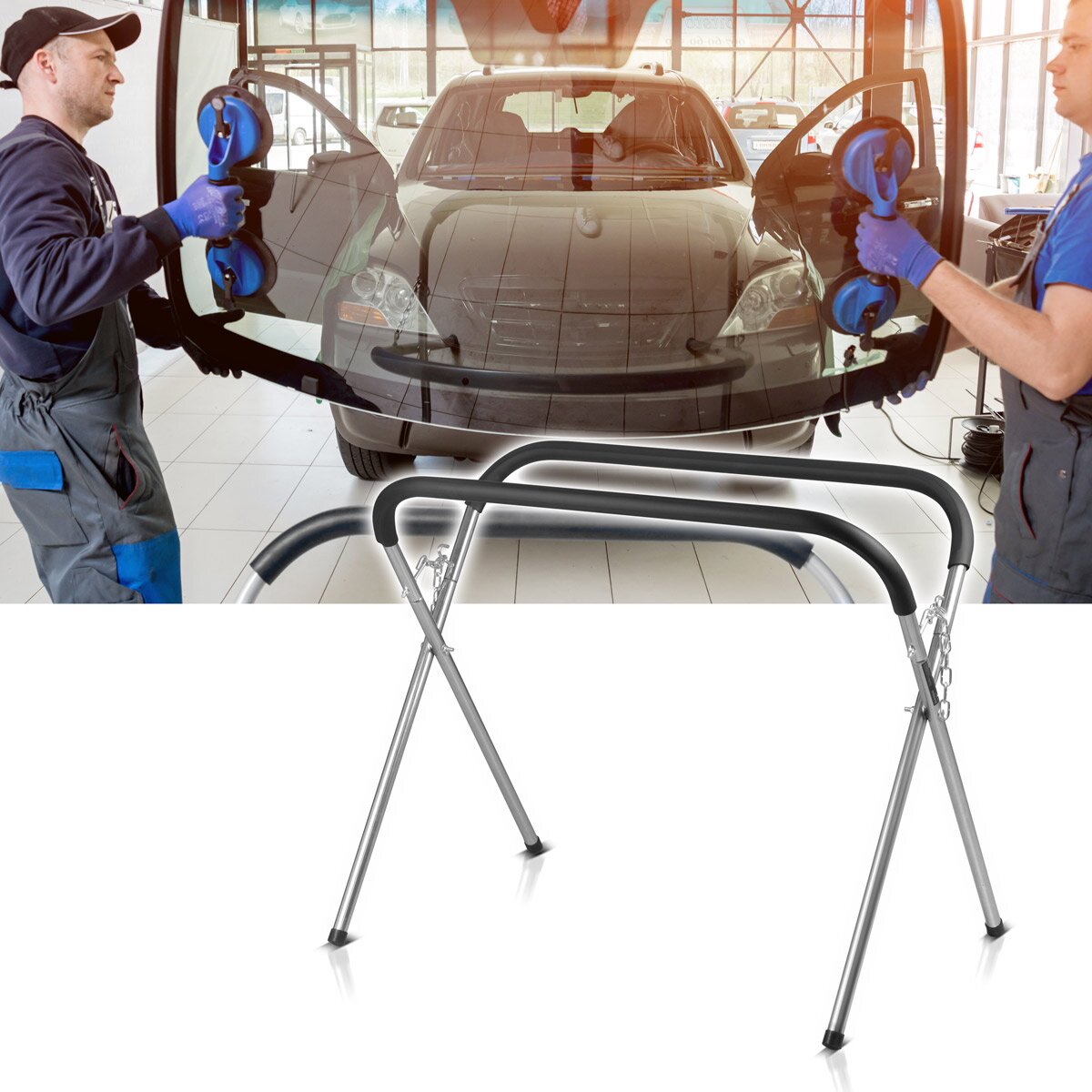 STAHLWERK Puesto de trabajo portátil TASP-220 ST | Soporte para parabrisas plegable | soporte de reparación estable de acero con espuma de PU | Caballete de disco | Reparación de automóviles | Reparación de automóviles | hasta 220 kg de capacidad de carga