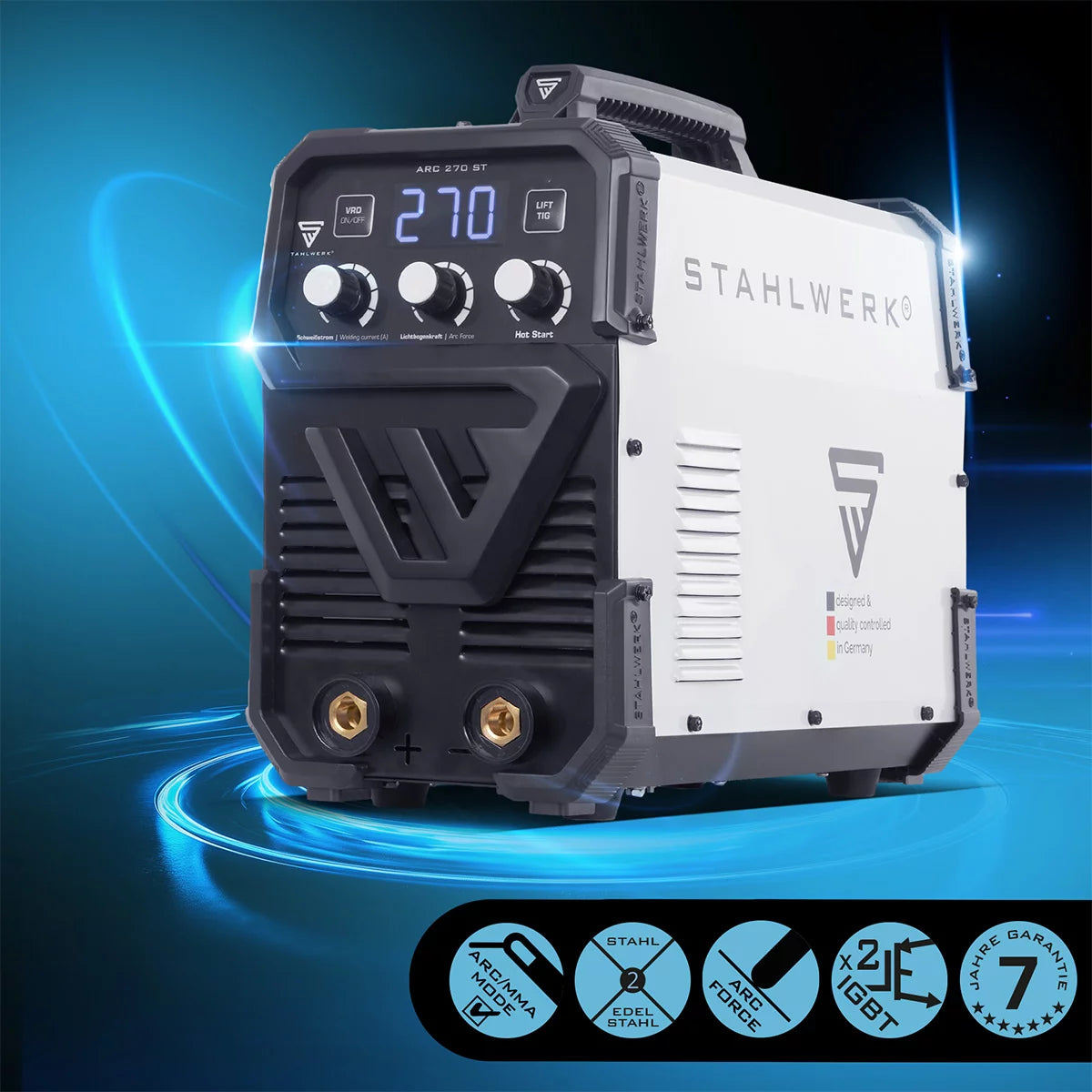 Saldatrice IGBT completamente attrezzata STAHLWERK ARC 270 ST Saldatrice DC MMA / E-hand, funzione lift-TIG con 270 A reali, molto compatta, 400 V, bianco