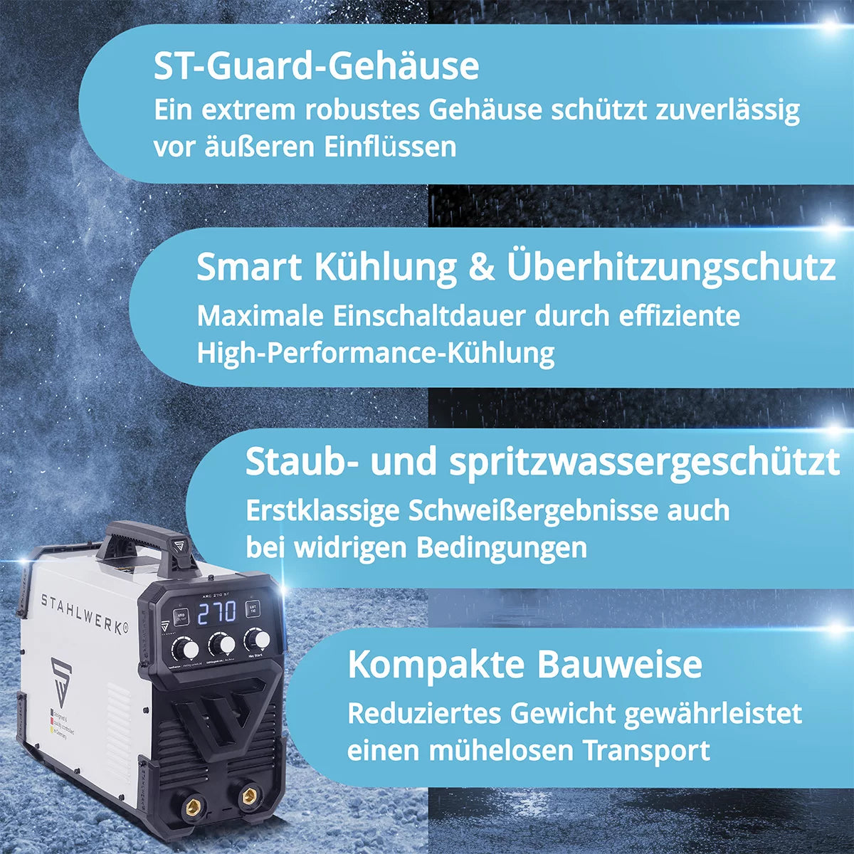 Saldatrice IGBT completamente attrezzata STAHLWERK ARC 270 ST Saldatrice DC MMA / E-hand, funzione lift-TIG con 270 A reali, molto compatta, 400 V, bianco